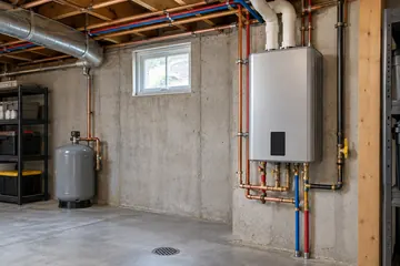 Illustration of tankless water heater and piping installation